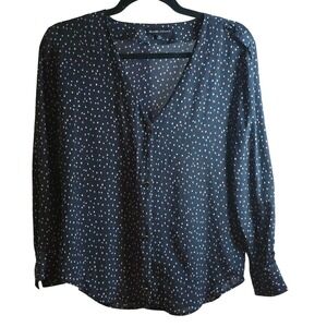 Madewell x Sezane Silk Blouse XS Navy Multicolor Dot Print‎ Long Sleeve V Neck